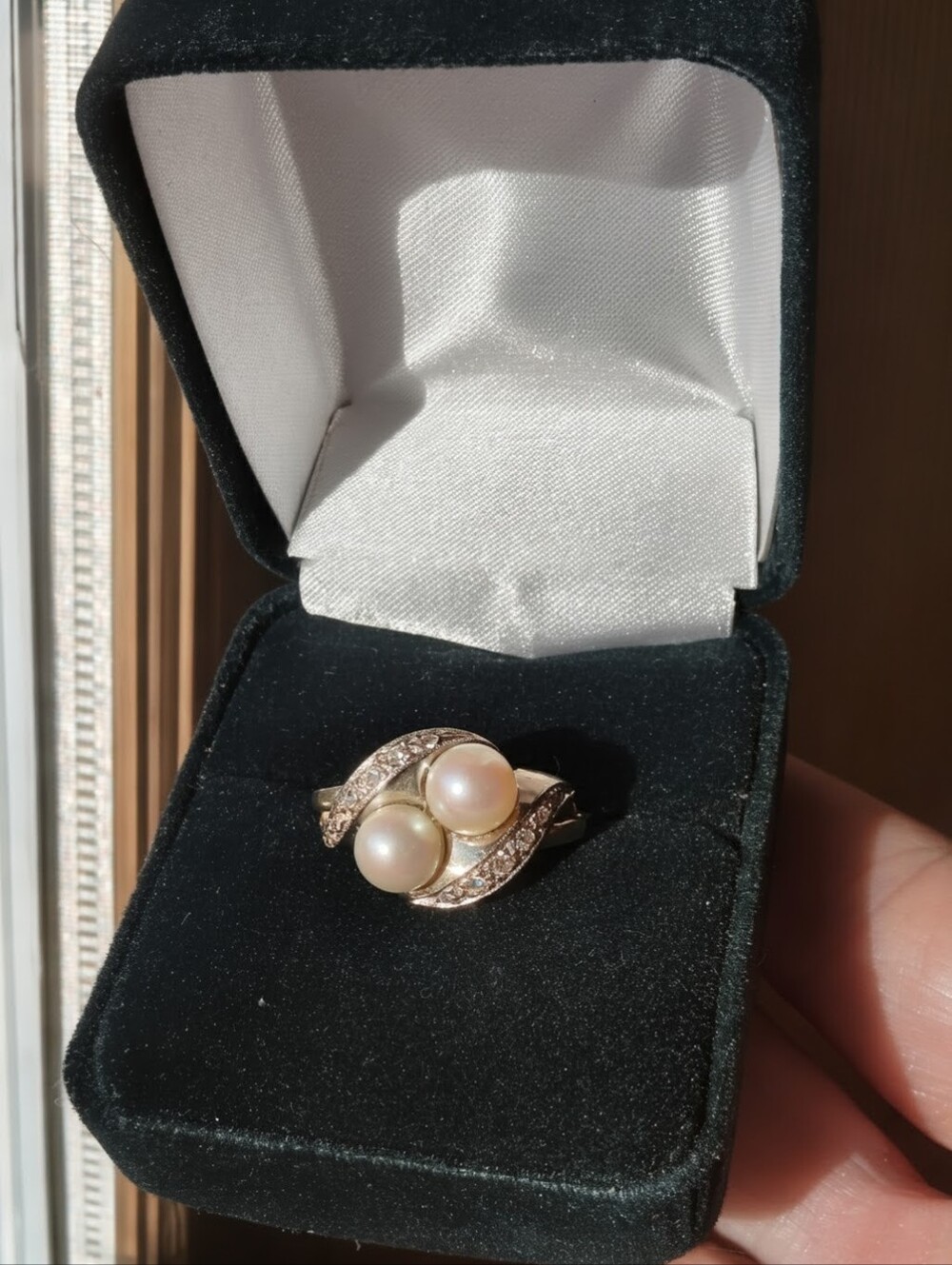 Antique Toi et Moi Ring – 14k White Gold, Two Pearls & Old Mine Cut Diamonds